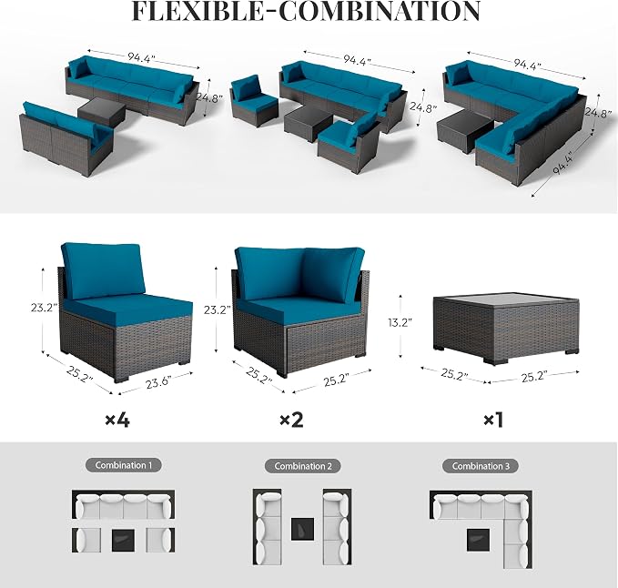 WWR Patio Furniture Set 7 Piece - All-Weather - Wicker Rattan Patio Outdoor Conversation Set, Modular Sectional Sofa for Backyard, Garden, Poolside, Balcony, Porch, Patio, Brown/Peacock Blue