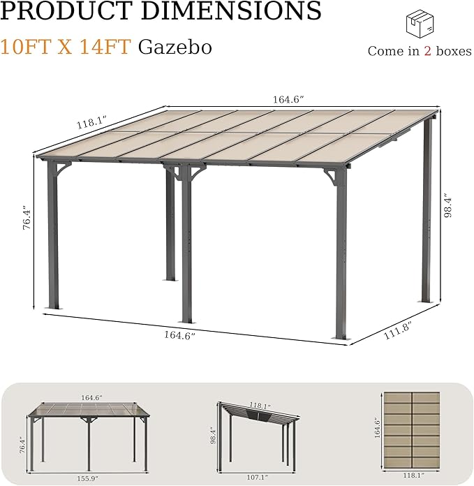 ALAULM 10'x 14' Outdoor Hardtop Pergola,Wall Mounted Lean to Gazebo with Sloped Sun Panel Roof,Galvanized Metal Frame,Sunshade for Patio, Backyard, Deck and Poolside