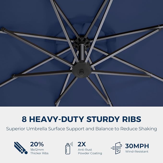 HOMSHADE 10ft Solar Lights Offset Cantilever Patio Umbrella - with Light and Base, LED Lighted Offset Hanging Patio Outdoor Market Umbrella UPF50+ UV Protection with Easy Tilt and Crank (Navy Blue)