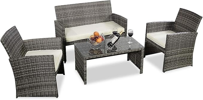 Tangkula 4 PCS Patio Conversation Set Outdoor Poolside Balcony Wicker PE Rattan Sectional Sofa Set Wicker Furniture Set