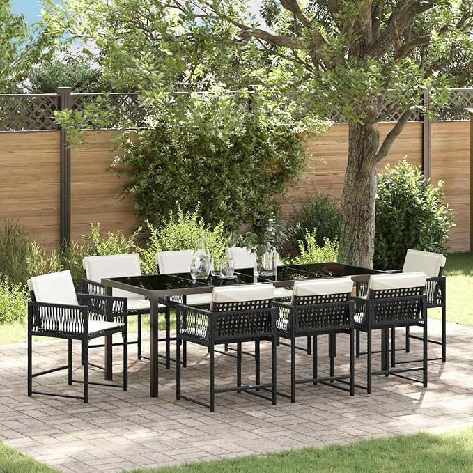 9-Piece Outdoor Garden Dining Set, Black Poly Rattan Patio Furniture with Glass Top Table and 8 Comfortable Chairs, Weather-Resistant Backyard Seating