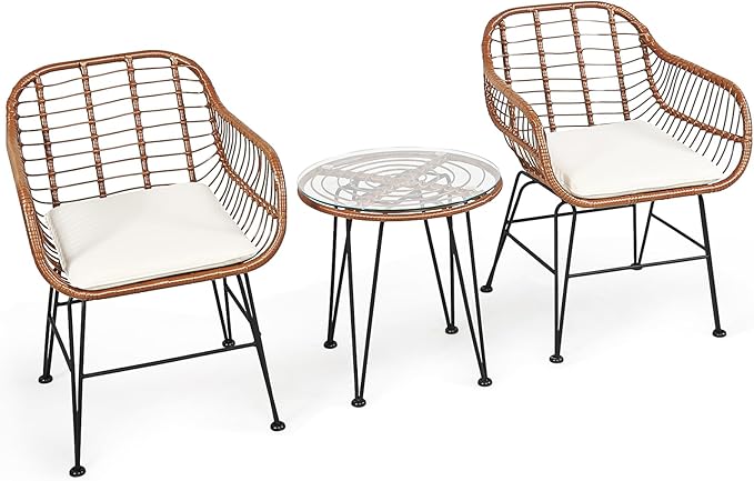 DORTALA 3 Piece Patio Bistro Set, Outdoor Wicker Furniture with Round Tempered Glass Top Table & 2 Rattan Armchairs, Cushions, Conversation Set for Porch, Backyard, Garden, White