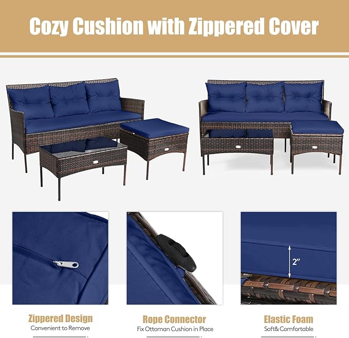 HAPPYGRILL 3 Piece Outdoor Rattan Conversation Set Patio Furniture Set with Tempered Glass Coffee Table, 5 Elastic Seat & Back Cushions, Sectional Sofa Set for Poolside Balcony Backyard