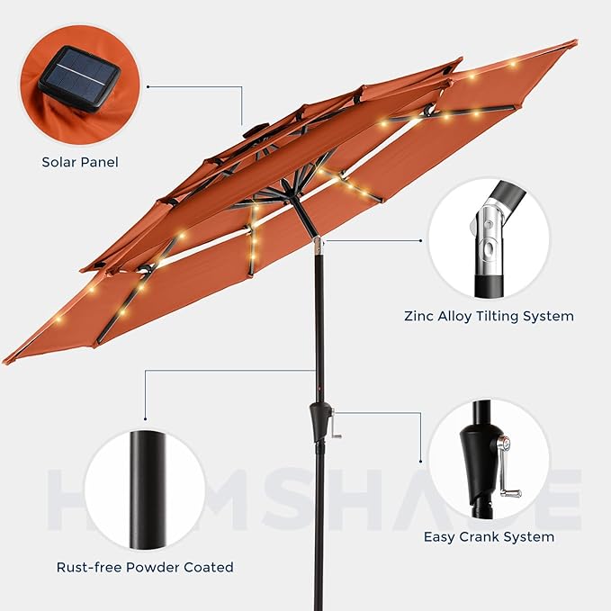 HOMSHADE 9FT 3-Tier Solar Patio Umbrella Heavy Duty,Vented Market Table Umbrella Windproof w/32 LED Lights,UPF50+,5-Year Fade Resistant,8 Thicker Ribs for Pool,Lawn,Garden,Deck (Orange,No Base)
