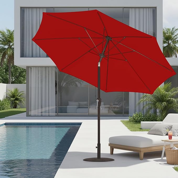 9ft Patio Umbrella with Push Button Tilt and Crank,Outdoor Market Table Umbrella UV Protection 8 Sturdy Ribs for Backyard,Garden,Pool,Deck(Red)