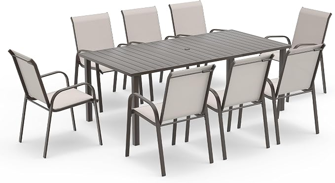Outdoor Dining Set for 8, Patio Dining Set with Textilene Dining Chairs, Metal Dining Table with Umbrella Hole, Stackable Outdoor Chairs for Garden, Patio, Poolside and Backyard, Grey
