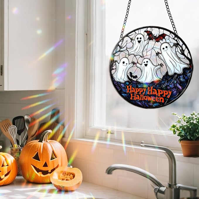 Acrylic Halloween Sun Catcher - 7.87 Inch Ghosts Round Suncatcher for Window Hanging Decoration - Creates Indoor Rainbows Light Refraction - Spooky Ghost, Witch, Pumpkin Design