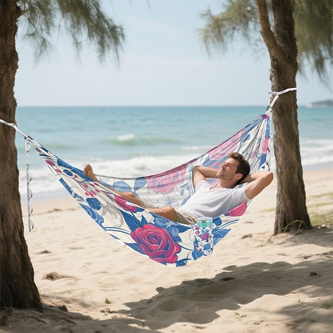4th of July Independence Day Red and Blue Roses 330lb Capacity Outdoor Hammocks with Portabl Carry Bag Swing Hammock for Outside Patio Garden jamaca para Patio