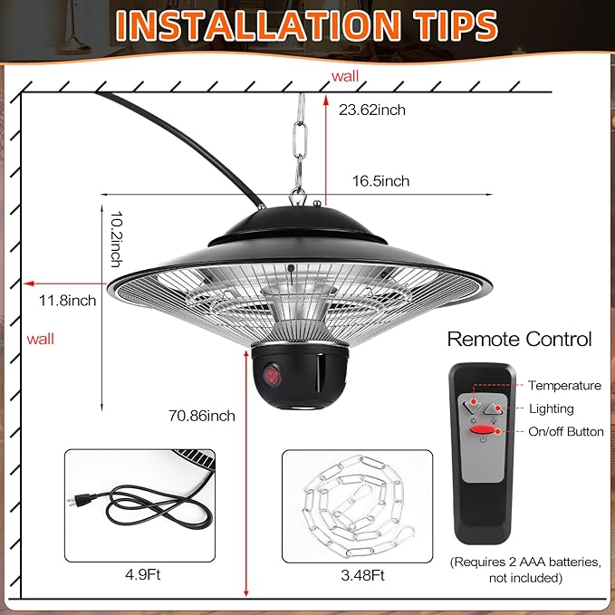 Glooglitter 1500w Ceiling Mounted Outdoor Heaters Electric Hanging Infrared Patio Heater with Remote Control, Dust Cover and Adjustable Chain, 3 Adjustable Modes for Garage, Gazebo, Balcony, Courtyard
