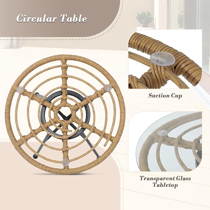 Athena Collection Patio Bistro Sets, 3 Piece All Weather Furniture Set Outdoor Conversation Set Glass Table and Rattan Chairs Set with Soft Cushions for Garden, Poolside, Backyard, Gray