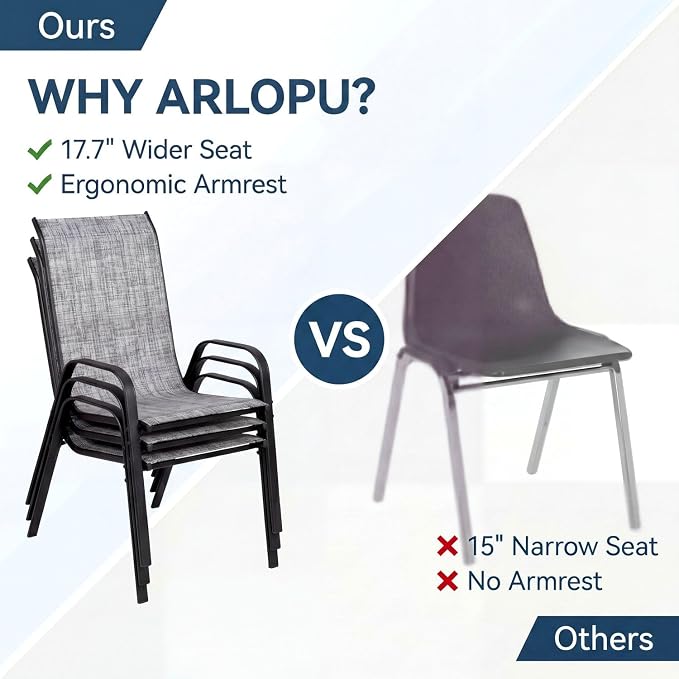 Arlopu 7-Piece Outdoor Table and Chairs for 6, Outdoor Dining Set W/Rectangle Glass Table and 6 Patio Textilene Stackable Chairs, Patio Furniture Set W/Umbrella Hole (Black Table & Grey Chair)