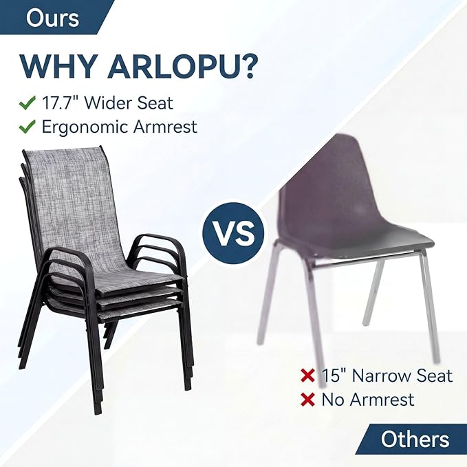 Arlopu 7-Piece Outdoor Table and Chairs for 6, Outdoor Dining Set W/Rectangle Glass Table and 6 Patio Textilene Stackable Chairs, Patio Furniture Set W/Umbrella Hole (Black Table & Grey Chair)