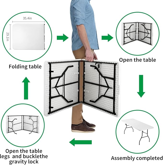 6FT White Folding Table, Portable Collapsible Dinner Table – Indoor/Outdoor Use for Camping, Patio, Yard, Wedding, Party & Cocktail Display, 500LBS (White(6FT))