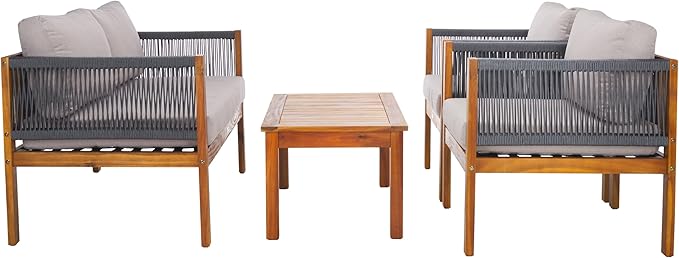 SAFAVIEH Outdoor Collection Wilson Brown Acacia Wood/Light Grey Cushion & Grey Rope 4-Piece Conversation Patio Set