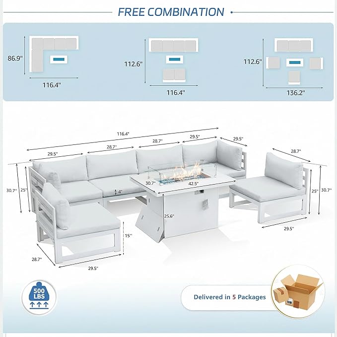 NICESOUL 7 Piece White Powder-Coated Aluminum Patio Furniture with Fire Pit Table, 29 Inch Extra Wide Outdoor Sectional Sofa for 6, High-End Heavy Duty L-Shaped Large Couch for Backyard, Light Gray