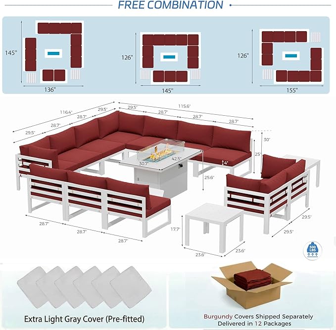 NICESOUL 12 Person Modern Aluminum Outdoor Patio Furniture Set with Firepit & Side Table, 29" Wide Deep Seating, L Shaped Modular Sectional Couch, Oversized Conversation Set for Backyard, Burgundy