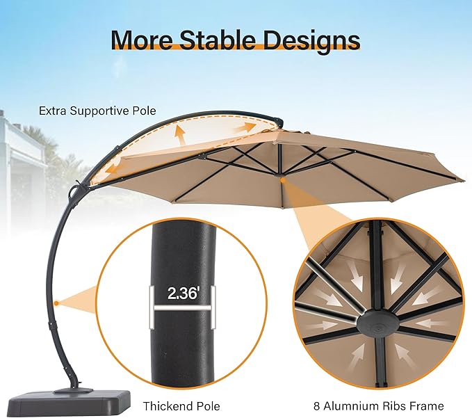 LAUSAINT HOME 12ft Patio Cantilever Umbrella with Base Included, Outdoor Curvy Round Offset Umbrella, Heavy Duty Aluminum, 360° Rotation for Pool, Deck, Lawn, Backyard (Upgraded Sunbrella Fabric Beige)