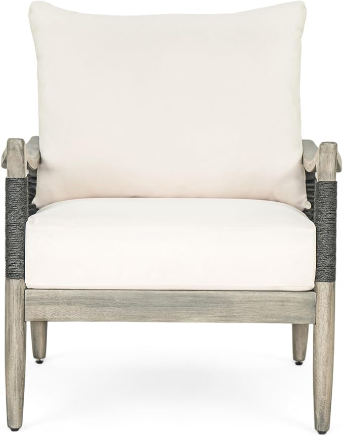 Merax Set of 2 Acacia Wood Patio Club Chairs with Cushions | Grey Acacia Frames, Dark Grey Woven Rope, 6-Inch Seat Cushions And Deep Seating For Porch, Garden, Backyard Or Balcony
