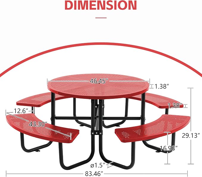 46" Outdoor Round Perforated Picnic Table Metal Camping Table with Umbrella Hole - Heavy Duty Steel Mesh Picnic Bench Set for Backyard Garden Deck, Red
