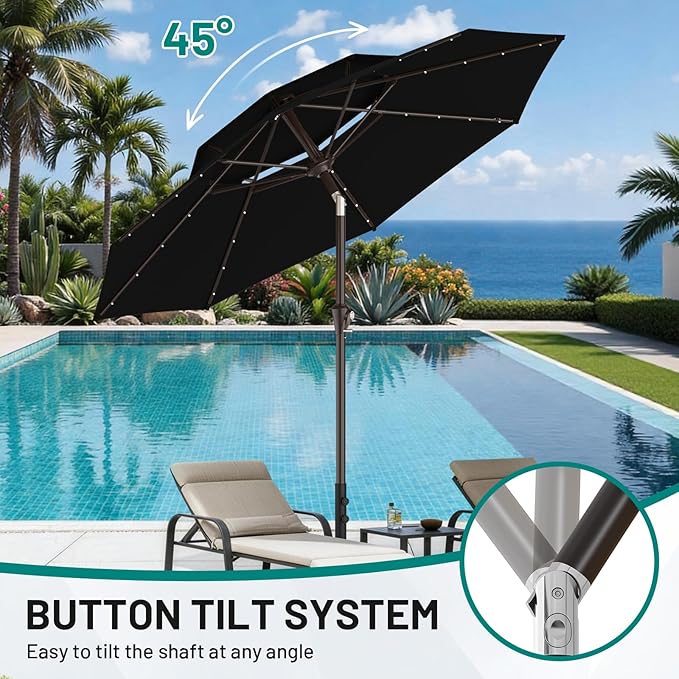 AreShark 9ft 2 Tiers Patio Umbrella with Solar Lights, Outdoor Umbrella w/ 32 LED Lights&8 Sturdy Ribs, Table Umbrella for Deck, Backyard, Pool(Black)