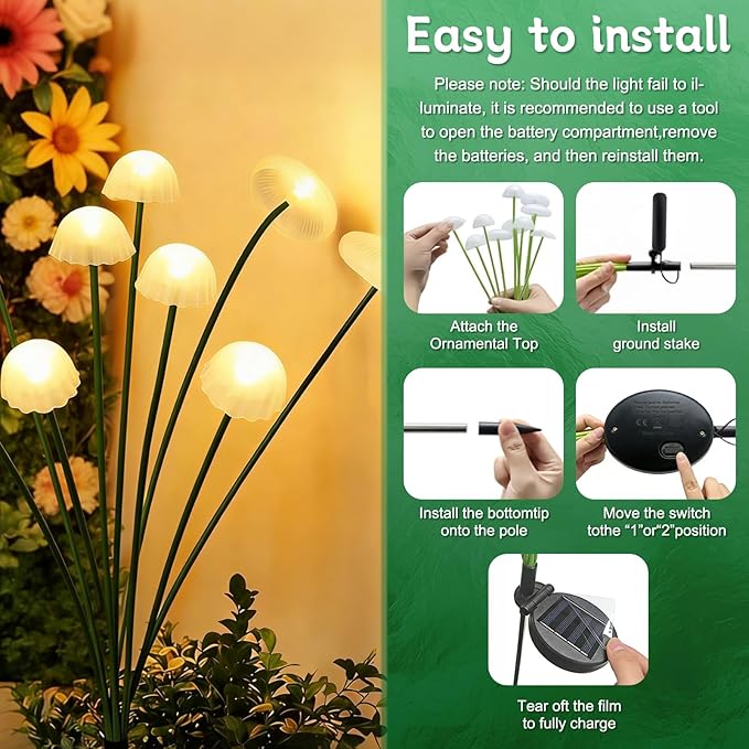 2Pcs Solar Jellyfish Lights Outdoor, Warm White LED Garden Stake Lights Waterproof, Decorative Solar Lights for Yard Patio Lawn Pathway Landscape Lighting