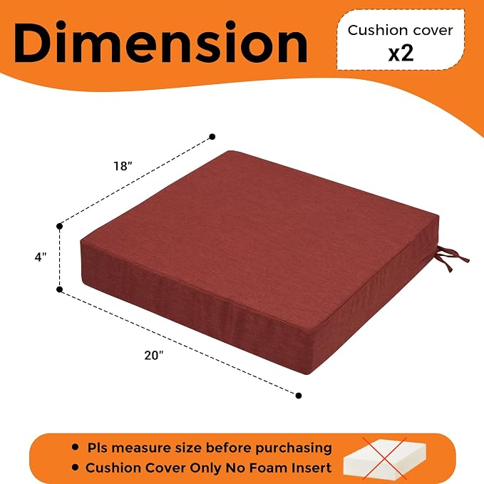 Magpie Fabrics Indoor Outdoor Cushion Cover Replacement 2 Pack, NO Insert! Water Repellent Slipcover with Ties Decor for Patio Garden Chair Sofa Bench Wicker(Dark Red, 20x18x4 Inch)