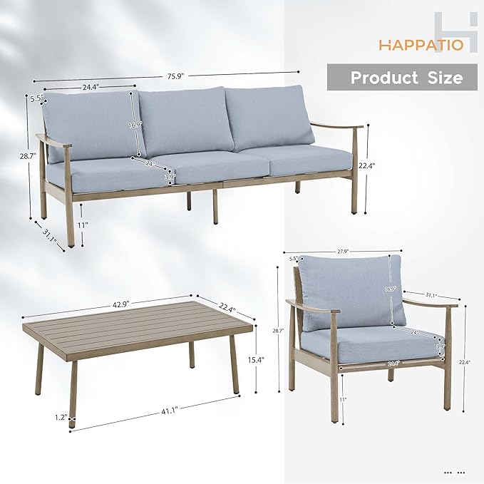 HAPPATIO Patio Outdoor Furniture Set - 4 Piece Aluminum Patio Conversation Set with 1 Coffee Table, 2 Armchairs and 1 Three-Seater Sofa, Aluminum Outdoor Furniture Set for Backyard Poolside(Brown)