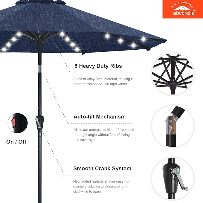 ABCCANOPY OLEFIN® 5-Year No Fading Patio Umbrella with Solar Lights (Navy Blue)
