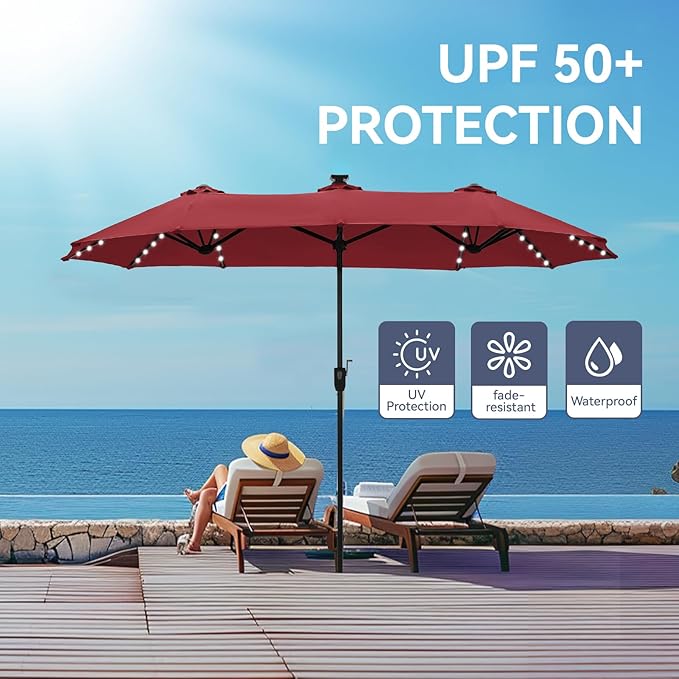 GREEN PARTY 13ft Outdoor Patio Umbrella with Solar Lights, 120 LED 12-Mode Large Double Sided Rectangular Table Umbrella, Heavy Duty Triple-Head Shade for Backyard Deck & Poolside, Burgundy(No Base)