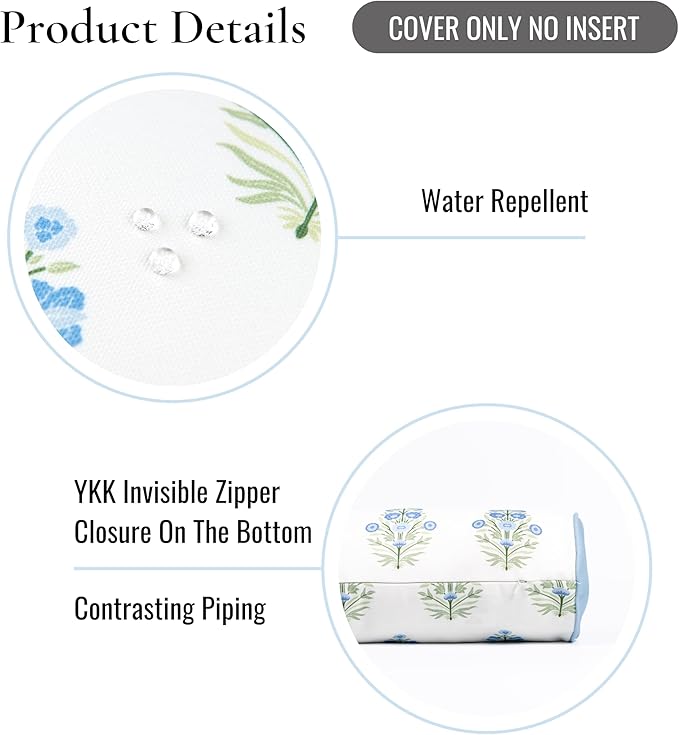 Hofdeco Premium Coastal Grandmillennial Patio Indoor Outdoor Bolster Pillow Cover Only, 6"x20" Water Repellent for Backyard, Couch, Poolside, Baby Blue Print Flower