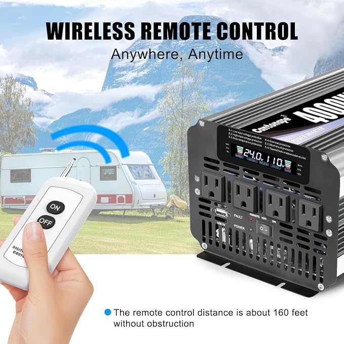 Cantonape 4000 Watt Power Inverter, Car Inverter 24V DC to 110V/120V AC Converter with LCD Display, 4 AC Outlets, USB Port & Remote Controller for RV, Truck, Off-Grid Solar System