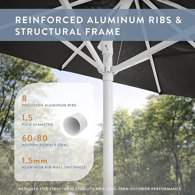 California Umbrella 10-Year Protection 9 Ft Outdoor Patio Umbrella, Pacifica Fade-Resistant Fabric, Auto-Tilt, Heavy Duty Aluminum Frame, 8 Reinforced Ribs for Pool or Deck, White Pole, Black