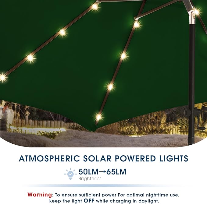 wikiwiki 9FT Solar Led Patio Umbrella with Base Included, 32 LED Lights, 8 Sturdy Ribs, Fade Resistant Waterproof POLYESTER DTY Canopy for Garden, Lawn, Deck, Backyard & Pool, Dark Green