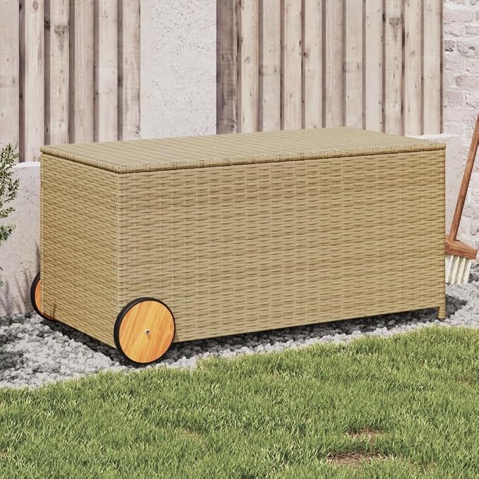 50.2 Gal Outdoor Storage Box with Wheels, Patio Rattan Deck Box, Wicker Garden Storage Bin Deck Box, Poly Rattan Patio Storage Chest with Hinged Lid, 42.1"x21.7"x19.7"/20.9" Mix Beige