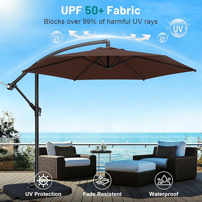 AreShark 10FT Patio Outdoor Umbrella, Offset Patio Umbrella Cantilever Umbrella, 6 Sturdy Ribs, Easy Adjustment for Garden Market Pool with Cross Base (Brown)