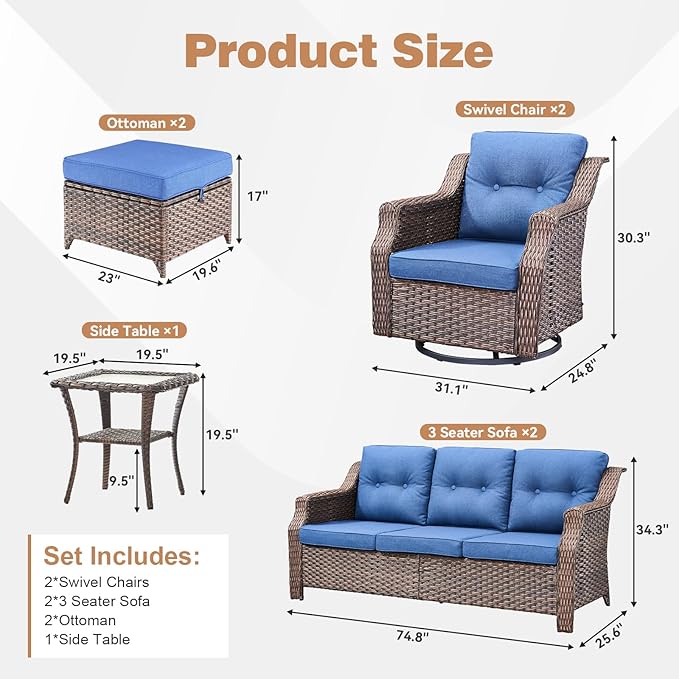 Outdoor Swivel Rocking Chair Set (7-Piece), Rocking Chair with Sofa and Coffee Table Set, Crafted from PE Rattan with an Elegant Side Table, Ideal for Gardens and Patios, Brown/Blue
