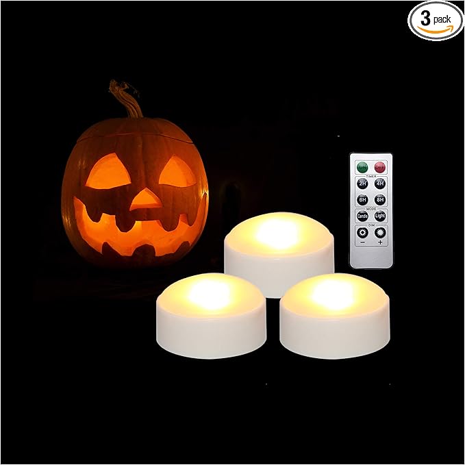 3 PCS Halloween Pumpkin Lights with Remote and Timer Battery Operated LED Decorative Bright Flickering Flameless Candle Set Bulk for Jack-O-Lantern Décor Party Home Christmas Decorations, White Color