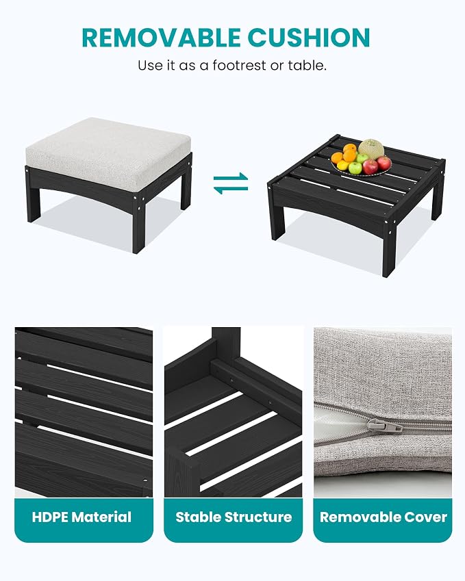 SERWALL 2 Pieces Patio Conversation Set, All-Weather HDPE Outdoor Sofa with Removable Cushions and Ottoman, Modular Design Converts to Chaise Lounge, Porch, Poolside, Black Frame with Khaki Cushion