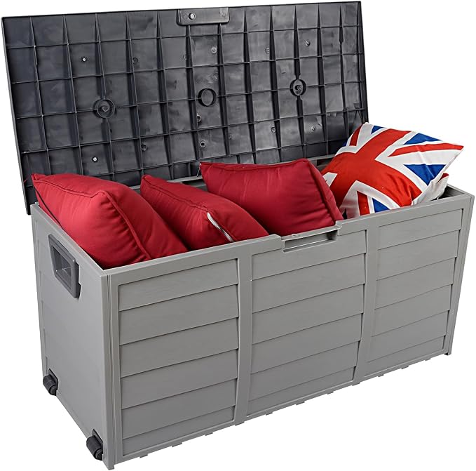 75 Gallon Plastic Deck Box with Wheels, Lockable Patio Outdoor Storage Box for Furniture, Garden Tools and Tools Storage, Waterproof Outside Storage Boxes - Large, Grey