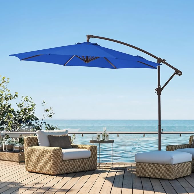 10FT Patio Umbrella, Outdoor Offset Cantilever Umbrella with Sturdy 8 Ribs and Reinforced Base, Easy Tilt Adjustment for Backyard Pool Garden,Dark Blue