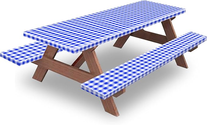 KENOBEE 7ft Picnic Table and Bench Cover, Camping Essentials RV Gear, 84 in Waterproof Windproof Outdoor Elastic All Around Tablecloth, Fitted Rectangle Tables and Seats, Blue-White Checkered