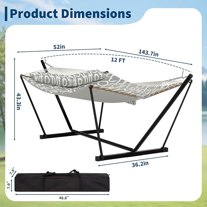 Double Hammocks with Stand for Outside, Heavy Duty Portable Outdoor Hammock with Carrying Bag & Soft Pillow & Paded, 450 LBS Weight Capacity, Perfect for Outdoor Indoor Patio Backyard Garden