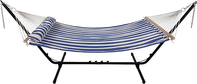 Striped Quilted Two Person Double Hammock with Pillow - 9' x 55" - Blue and Cream