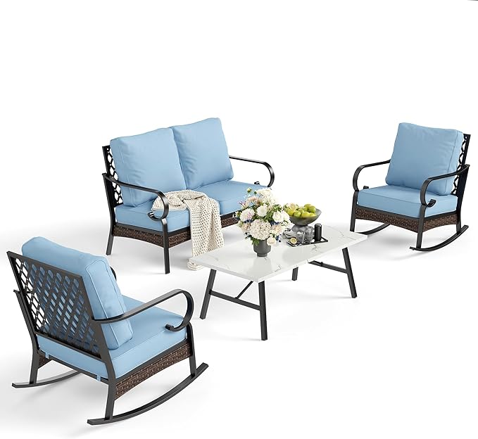 4 Piece Metal Outdoor Patio Furniture Sets, Patio Conversation Sets 1 Loveseat, 2 Rocking Sofa with 5.75" Extra Thick Cushion and Coffee Table, Balck Frame Backyard Furniture, Blue