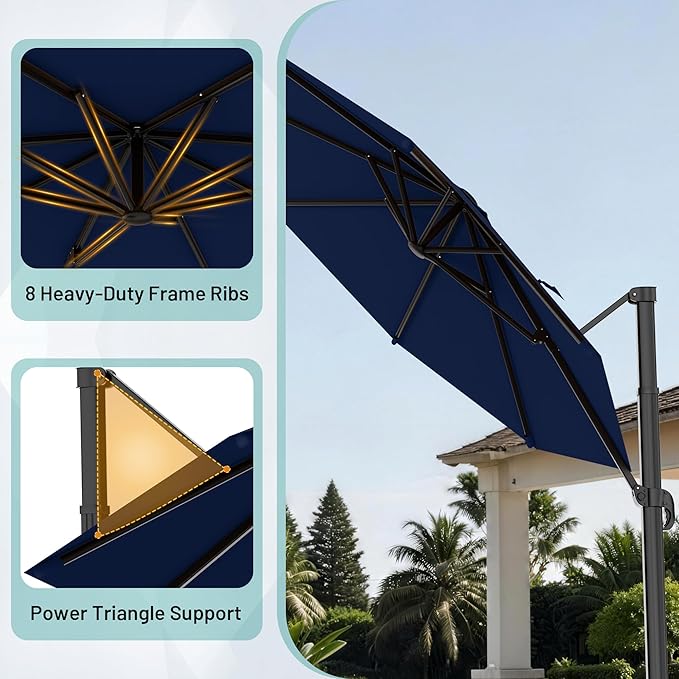 AreShark 11FT Round Cantilever Patio Umbrella with Base Included, 360° Rotation Offset Outdoor Umbrella, 5 Tilt Settings Heavy Duty Hanging Parasol for Deck Garden Pool, Navy