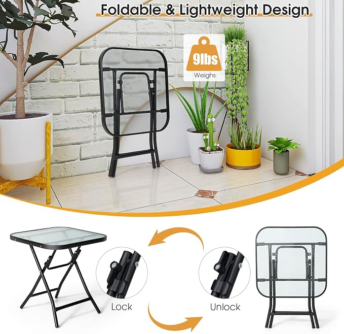 Giantex Folding Side Table, Square Small Patio Table, Tempered Glass Tabletop, Steel Frame, Weather-Resistant Outdoor Indoor Use for Bistro Porch Garden Balcony 18"x18"x18.5"