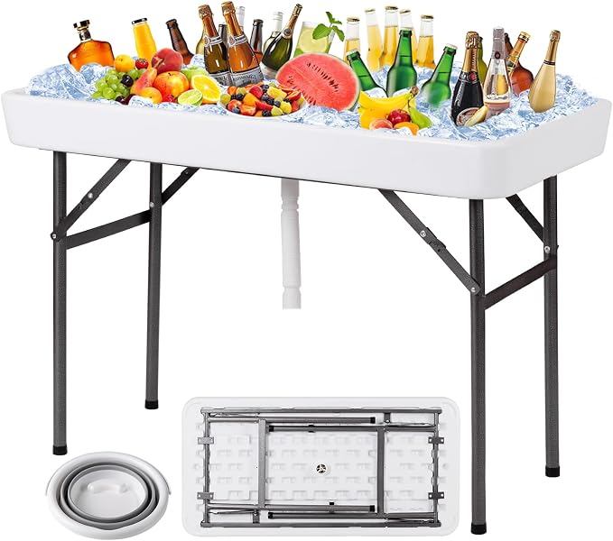 KOTEK Folding Ice Cooler Table with Matching Skirt, Drain Hose & Bucket, Foldable Buffet Beverage Cooler Server, Portable Chill Table for Party, Picnic, BBQ, Camping (White)