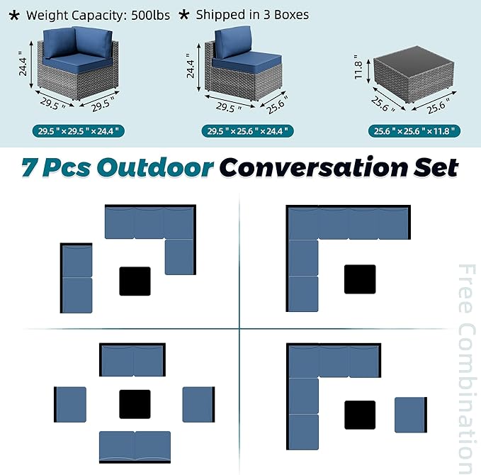 SUNLEI 7 PCS Rattan Patio Furniture Set with Glass Table & Washable Cushions, Conversation Patio Front Porch Furniture Set with Non-Slip and Thickened Cushion (Silver/Dark Blue)