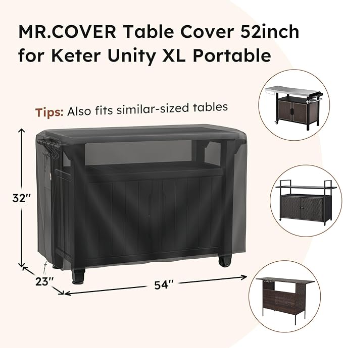 MR. COVER Outdoor prep table cover 52 inch for Keter Unity XL Outdoor Rolling Table Cart, 600D Heavy Duty Waterproof for Grill Dining Kitchen Island cart Protective, Outdoor Storage Cabinet Cover