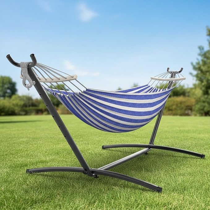 Double Hammock with Steel Stand, Outdoor Portable Hammocks Accommodates with 450Lb Capacity 2 People& Portable Carry Bag for Outside Camping Garden Yard,Blue+White